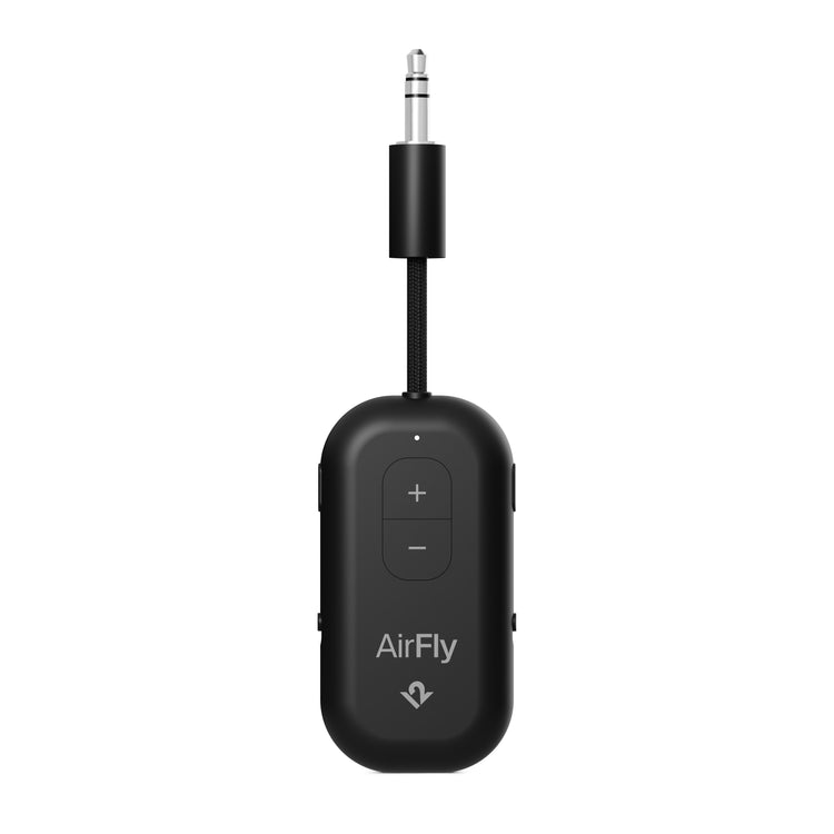 Black AirFly audio transmitter on a white background