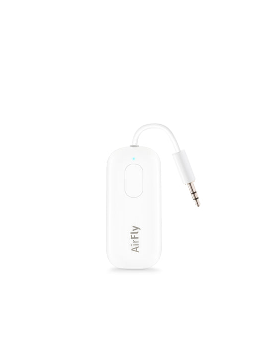 A white AirFly wireless earbud transmitter with a 3.5mm audio jack cable, shown on a solid white background.