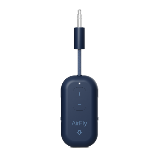 Navy blue AirFly audio transmitter on a white background