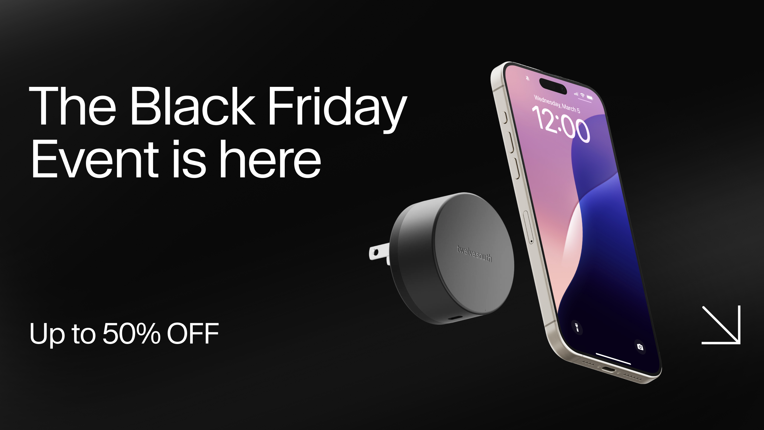 Smartphone and charger with Black Friday promotional text on a black background