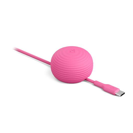 Pink round cable with USB connector on a white background