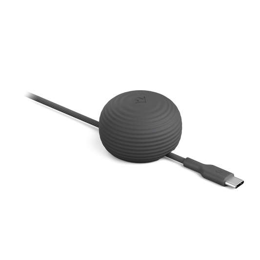 Black USB-C cable with round connector on a white background