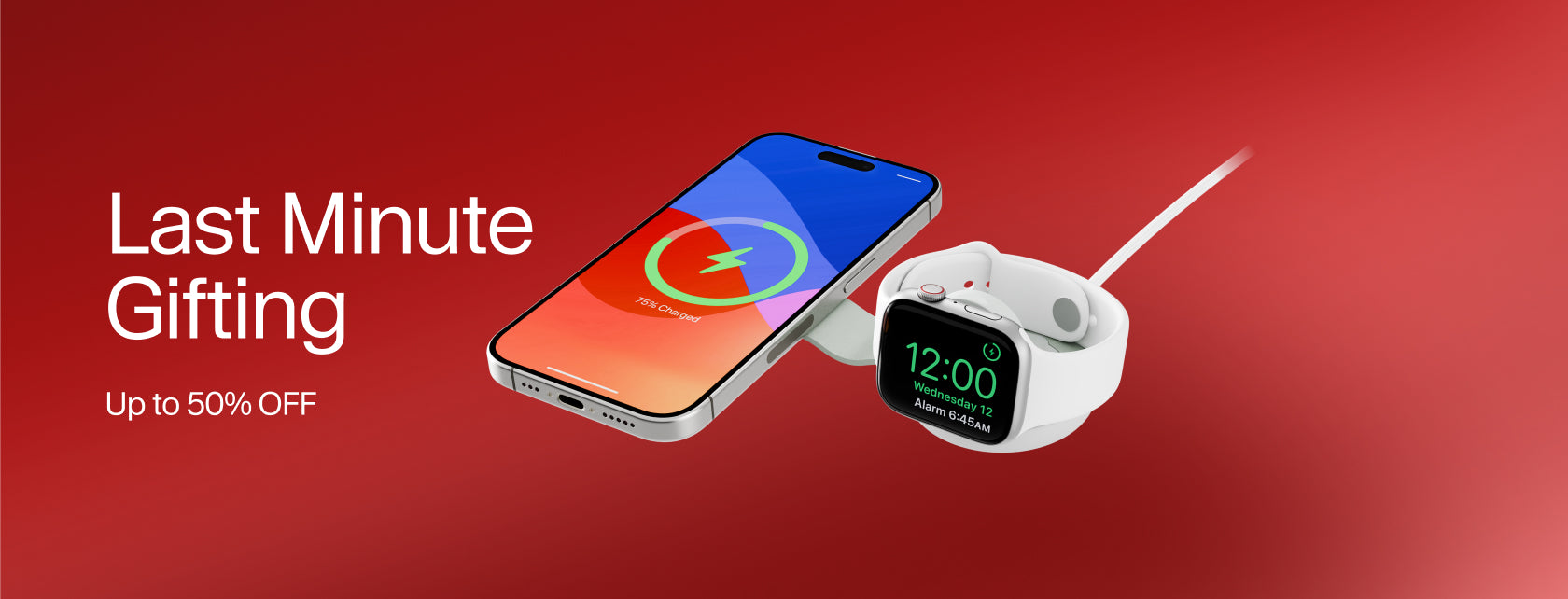 Smartphone and smartwatch on a red background with promotional text for last-minute gifting.