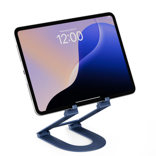 Tablet on a blue stand with a white background