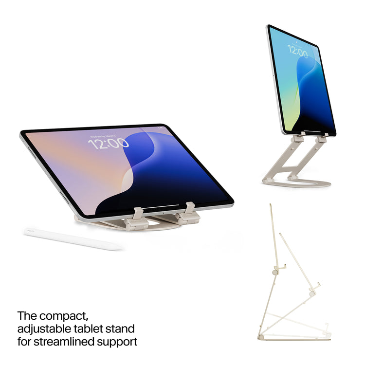 Compact adjustable tablet stand with two tablets on it against a white background