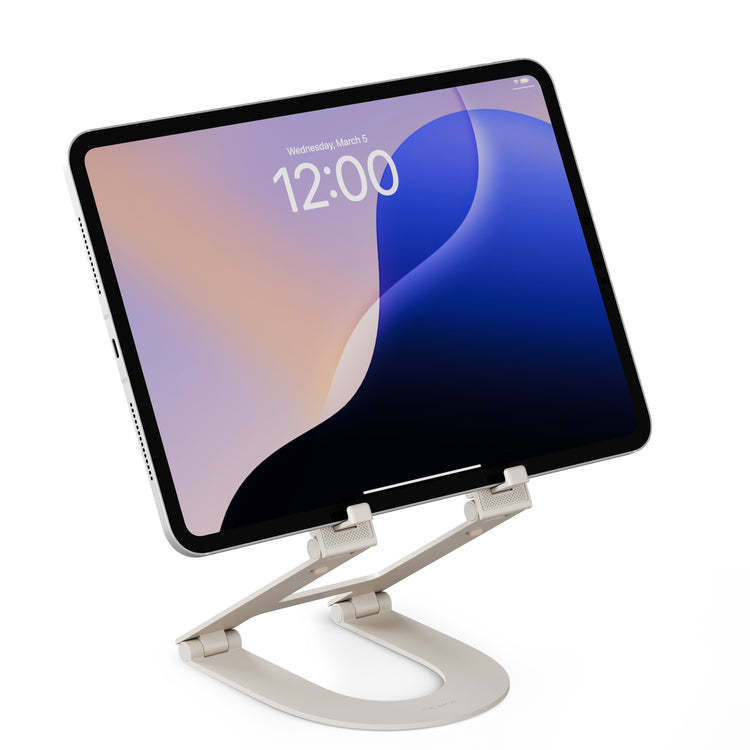 Tablet on a stand with a white background