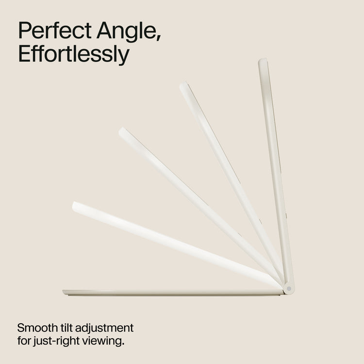 White adjustable stand on a beige background with text about smooth tilt adjustment.