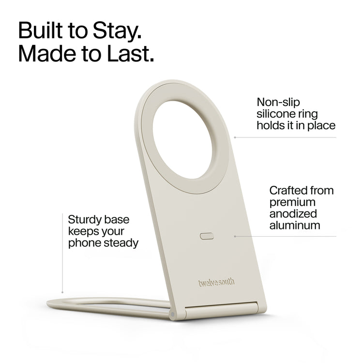 Phone stand with features highlighted on a white background