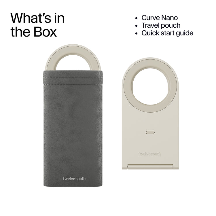 Product packaging with 'Curve Nano', 'Travel pouch', and 'Quick start guide' listed, featuring a gray and beige device.
