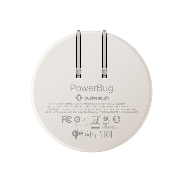 Round white device with 'PowerBug' branding and technical specifications on a white background