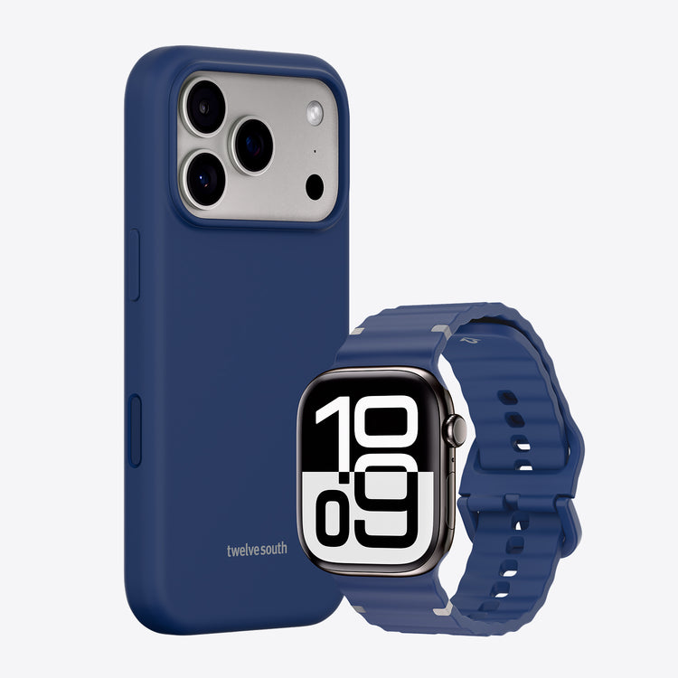 Blue phone case and smartwatch with 'twelve south' branding on a white background