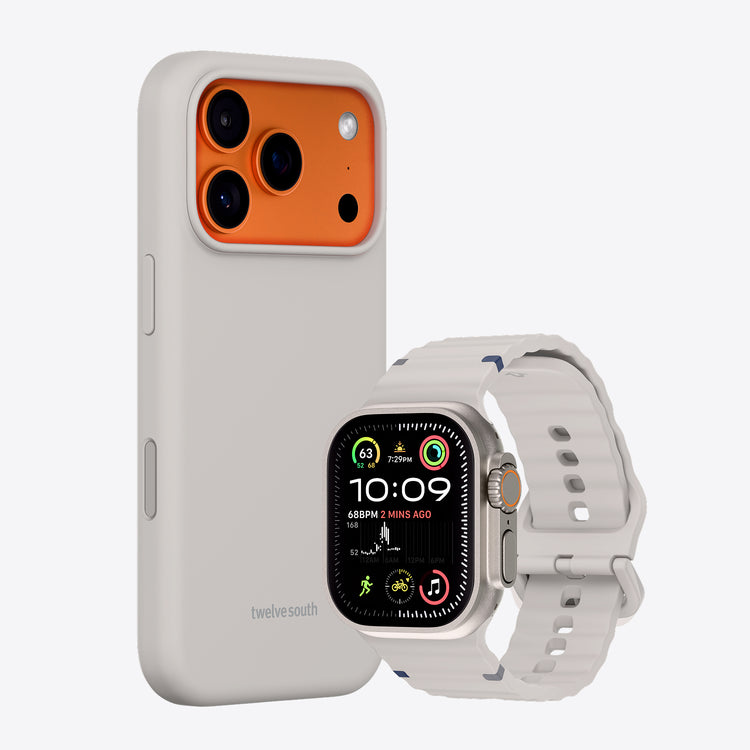 Smartwatch and phone case on a white background
