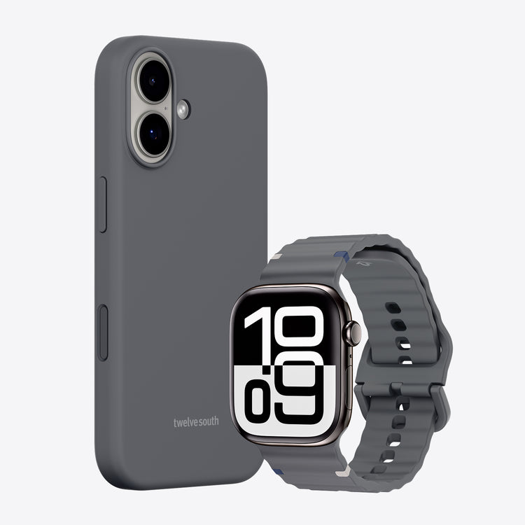 Gray phone case and smartwatch with digital display on a white background