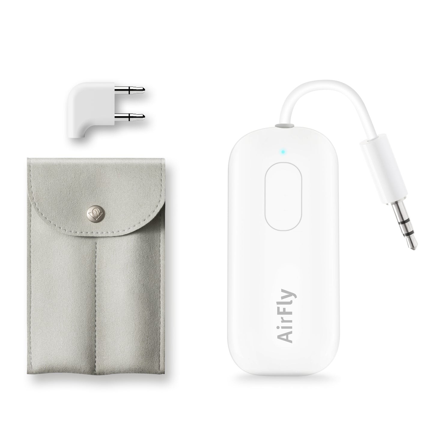 White AirFly wireless earbud transmitter with a 3.5mm jack adapter, a light gray fabric pouch, and a white two-pin travel adapter on a white background.