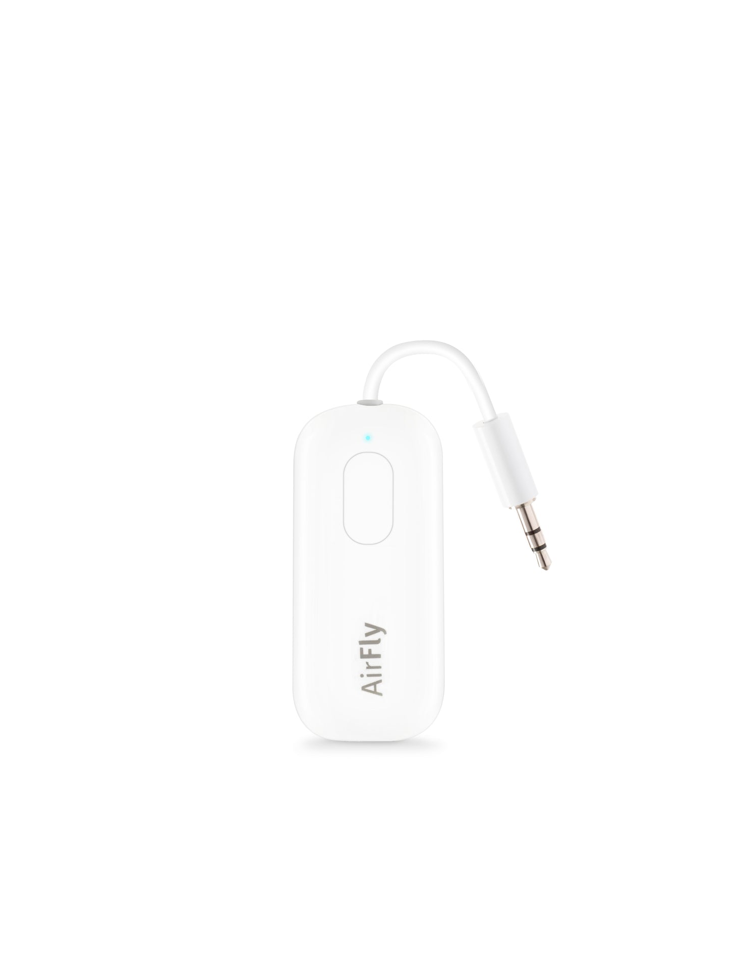 A white AirFly wireless earbud transmitter with a 3.5mm audio jack cable, shown on a solid white background.
