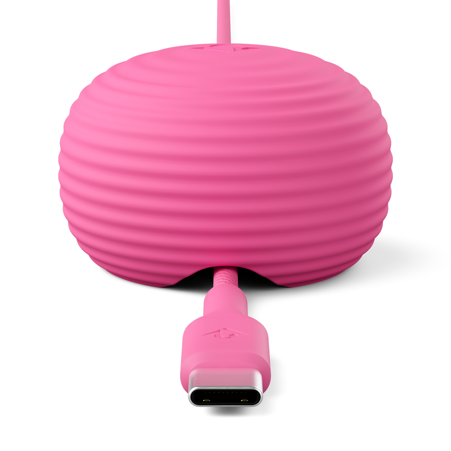 Pink silicone cable protector with USB-C connector on a white background