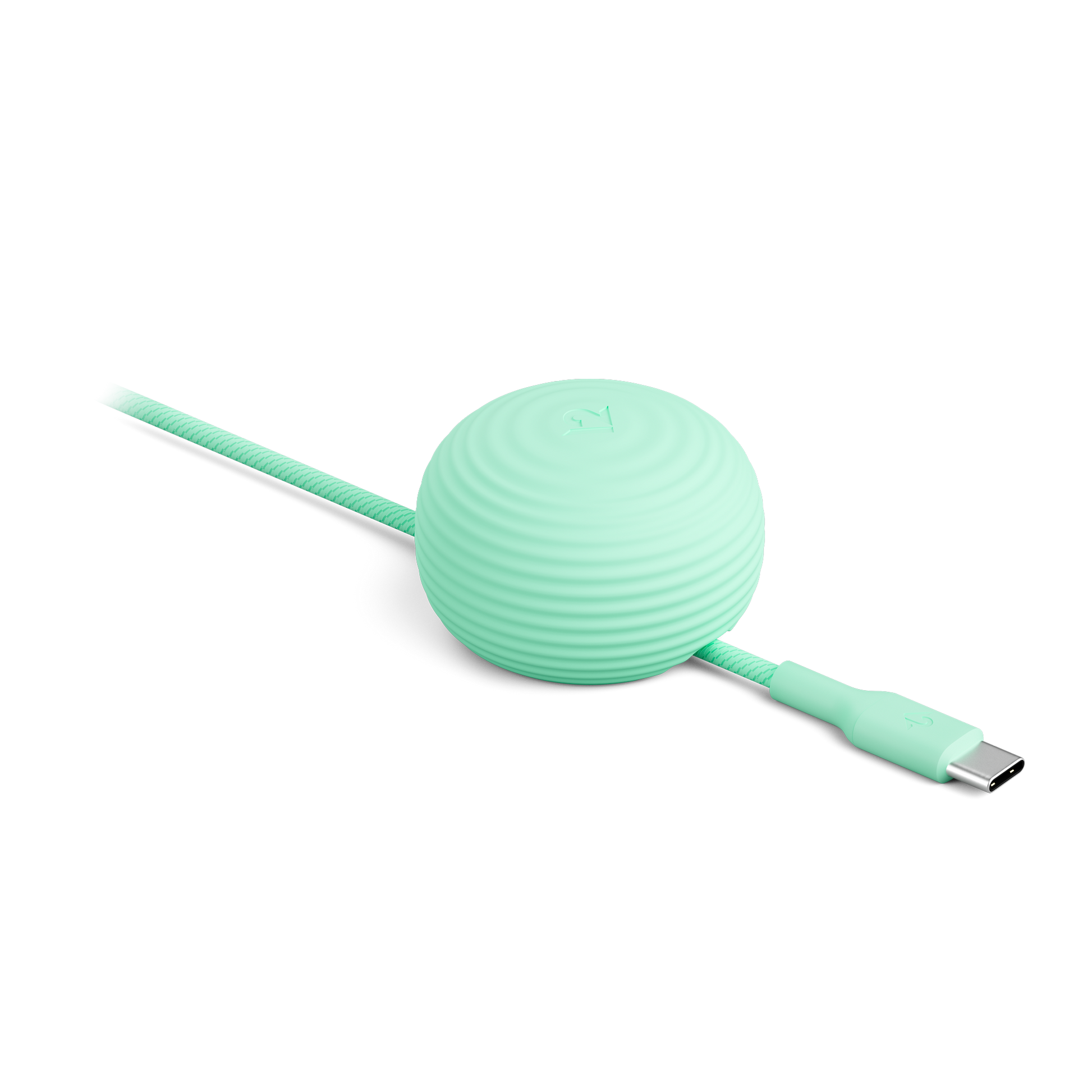 Mint green cable with a round, textured connector on a white background