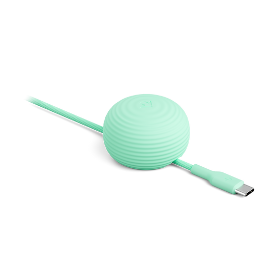 Mint green cable with a round, textured connector on a white background