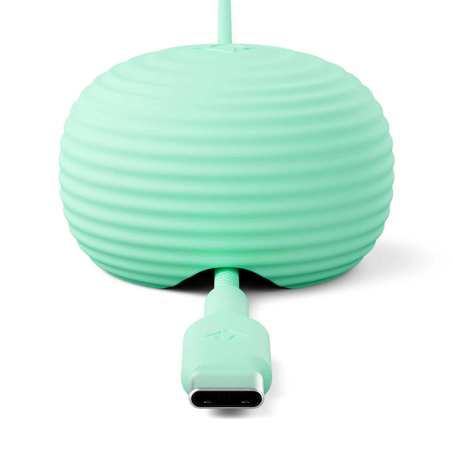 Mint green USB-C cable with a round, ribbed connector on a white background