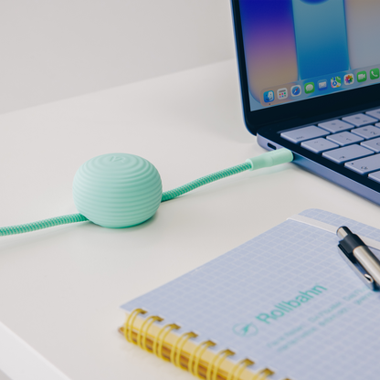 Desk setup with a laptop, notebook, and CableStay 