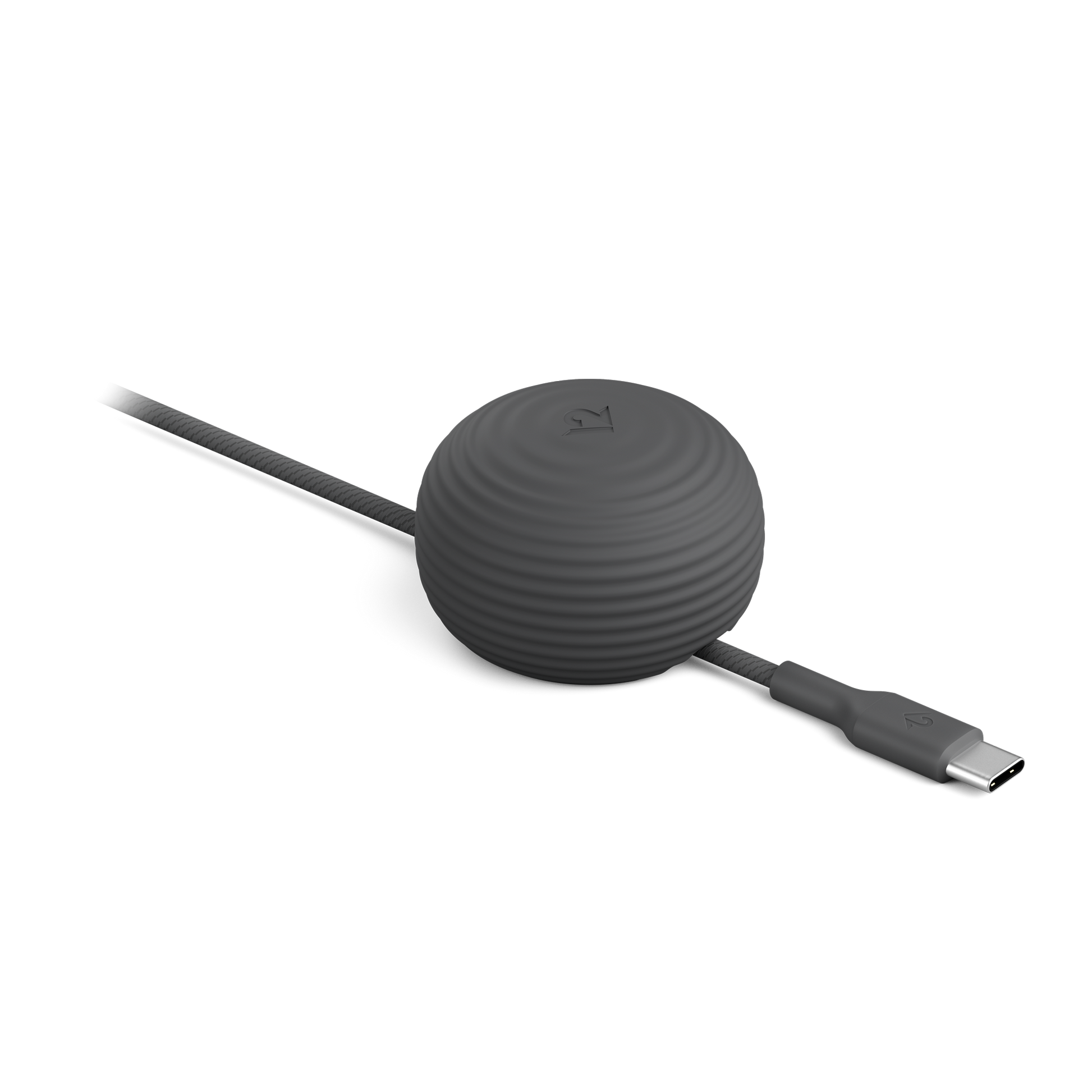 Black USB-C cable with round connector on a white background