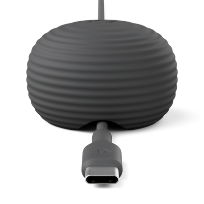 Gray cylindrical device with a USB-C connector on a white background