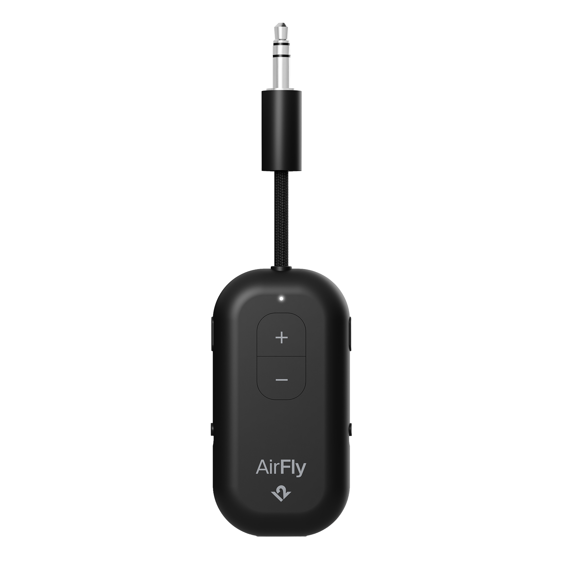 Black AirFly audio transmitter on a white background