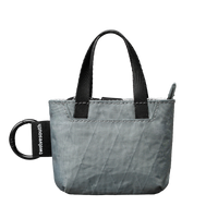 Gray bag with black handles and a black tag on a white background