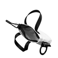 White pouch with black straps and a visible brand logo on a white background