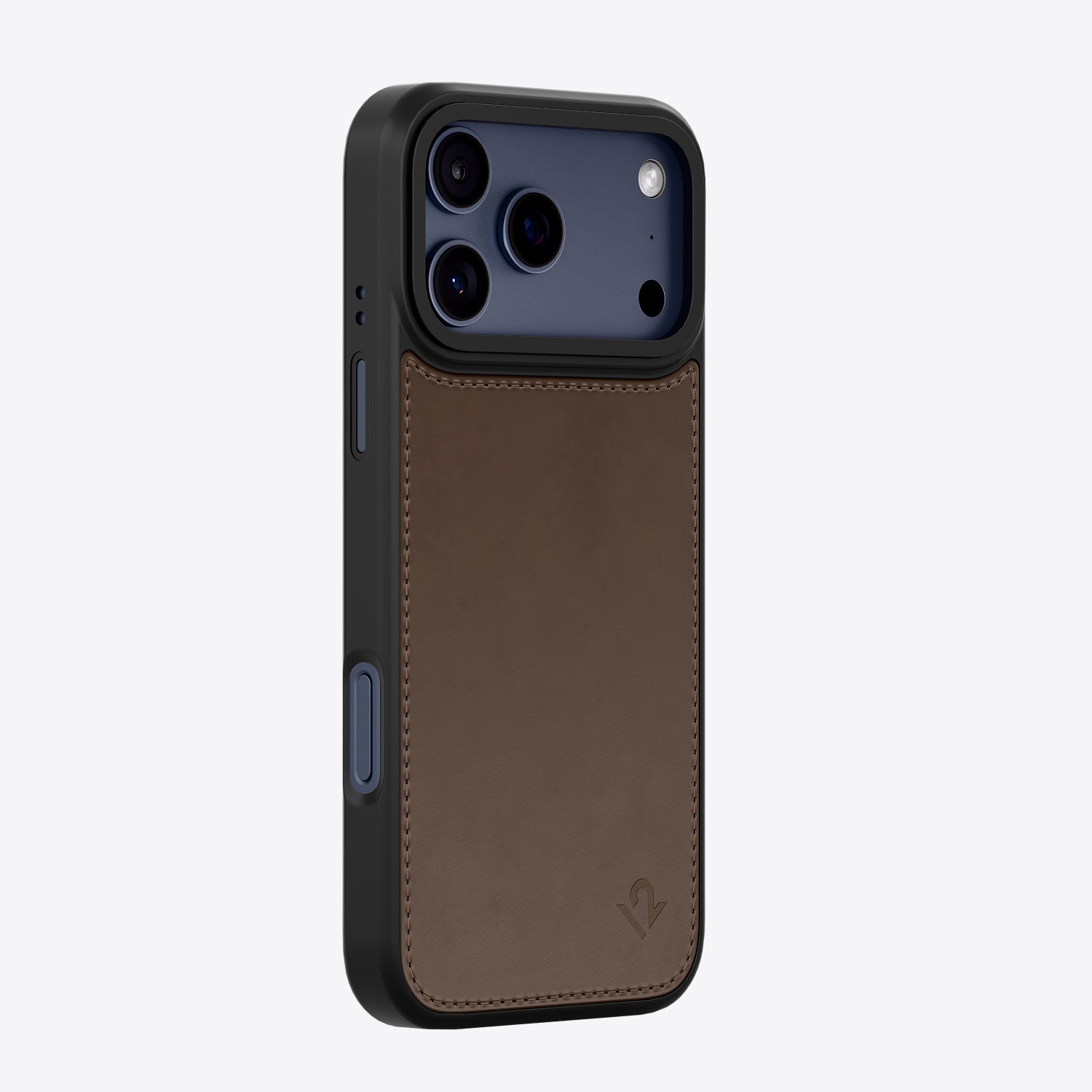 Phone case with brown leather back and black plastic front on a white background