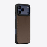 Phone case with brown leather back and black plastic front on a white background
