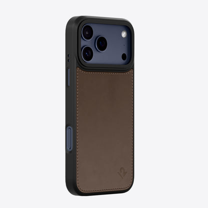 Phone case with brown leather back and black plastic front on a white background