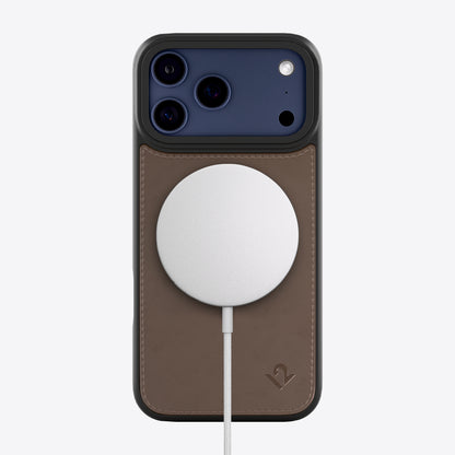 Phone case with a magnetic charging pad on a white background