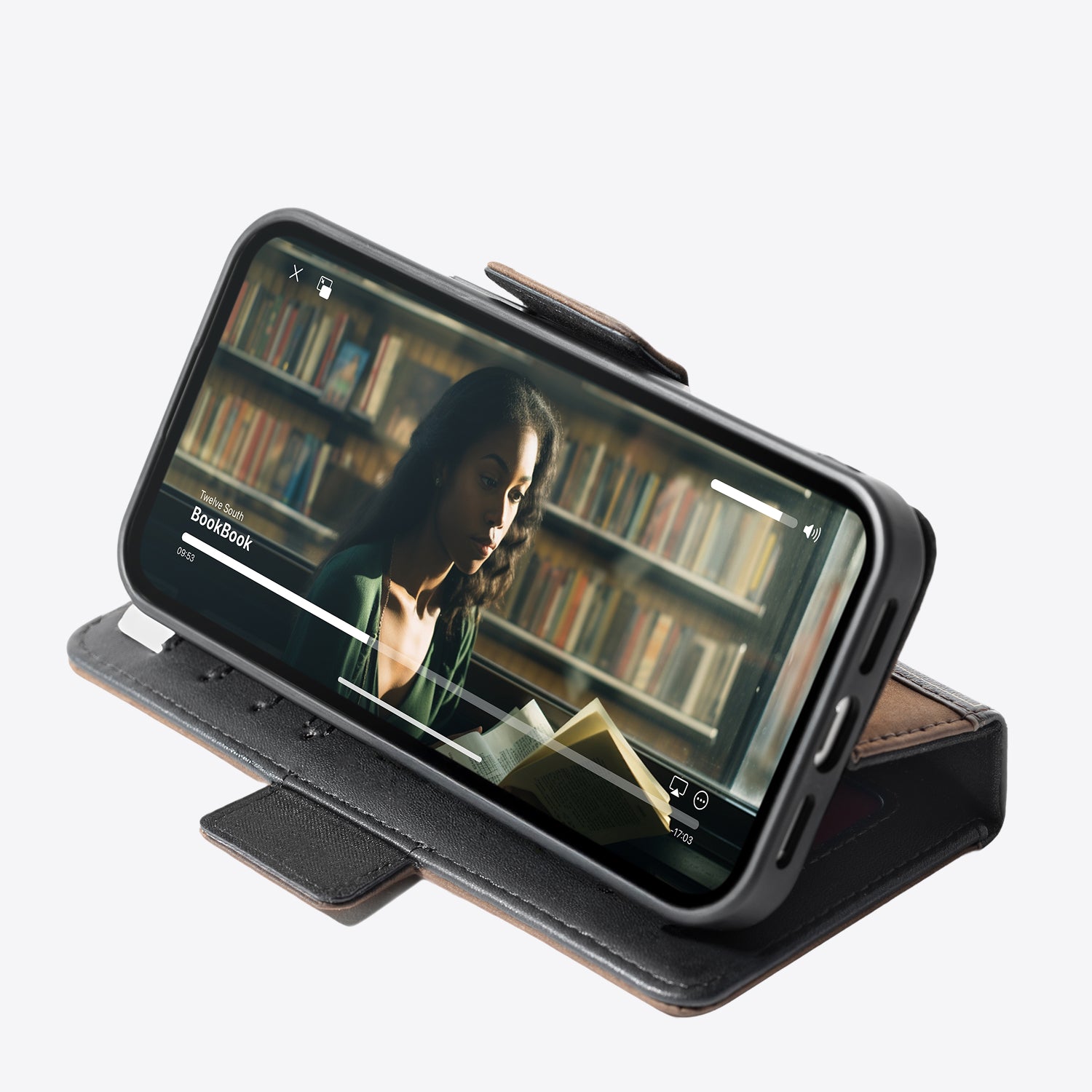 Phone case with screen displaying a bookshelf and person, on a white background
