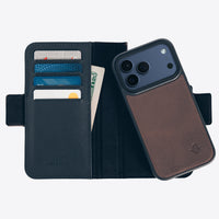 Phone case with card slots and currency pocket on a white background