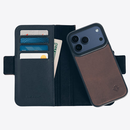 Phone case with card slots and currency pocket on a white background