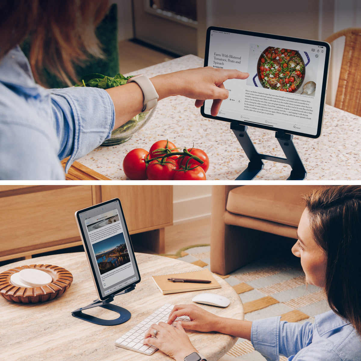 Person using a tablet with a stand at a dining table, then at a desk.