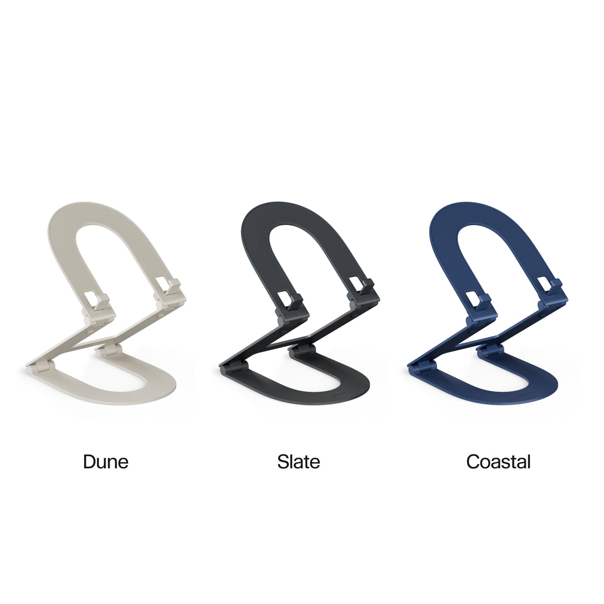Three aluminum tablet stands labeled 'Dune', 'Slate', and 'Coastal' on a white background.