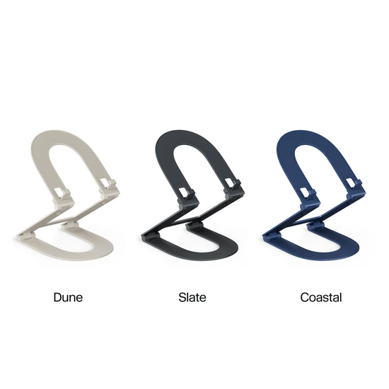 Three aluminum tablet stands labeled 'Dune', 'Slate', and 'Coastal' on a white background.