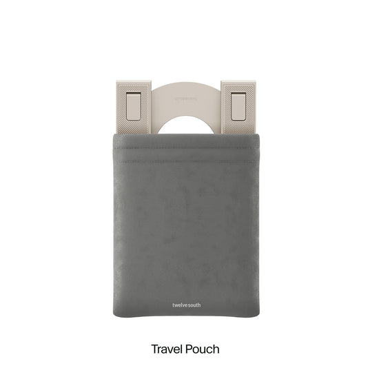 Gray travel pouch with a white background