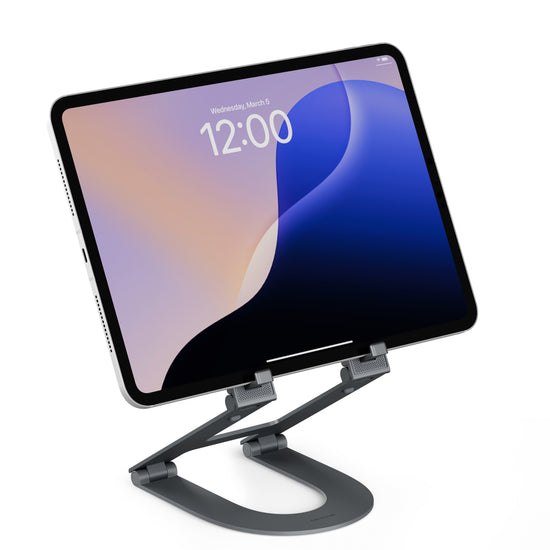 Tablet on a stand with a white background