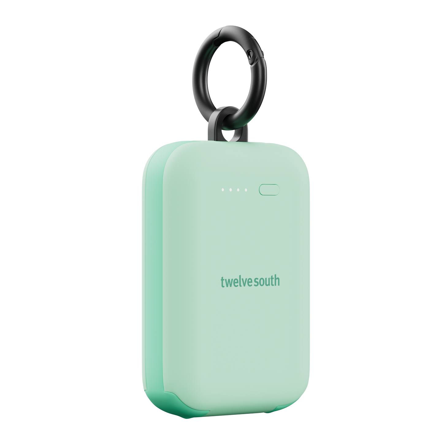 Mint green portable device with a black ring on a white background