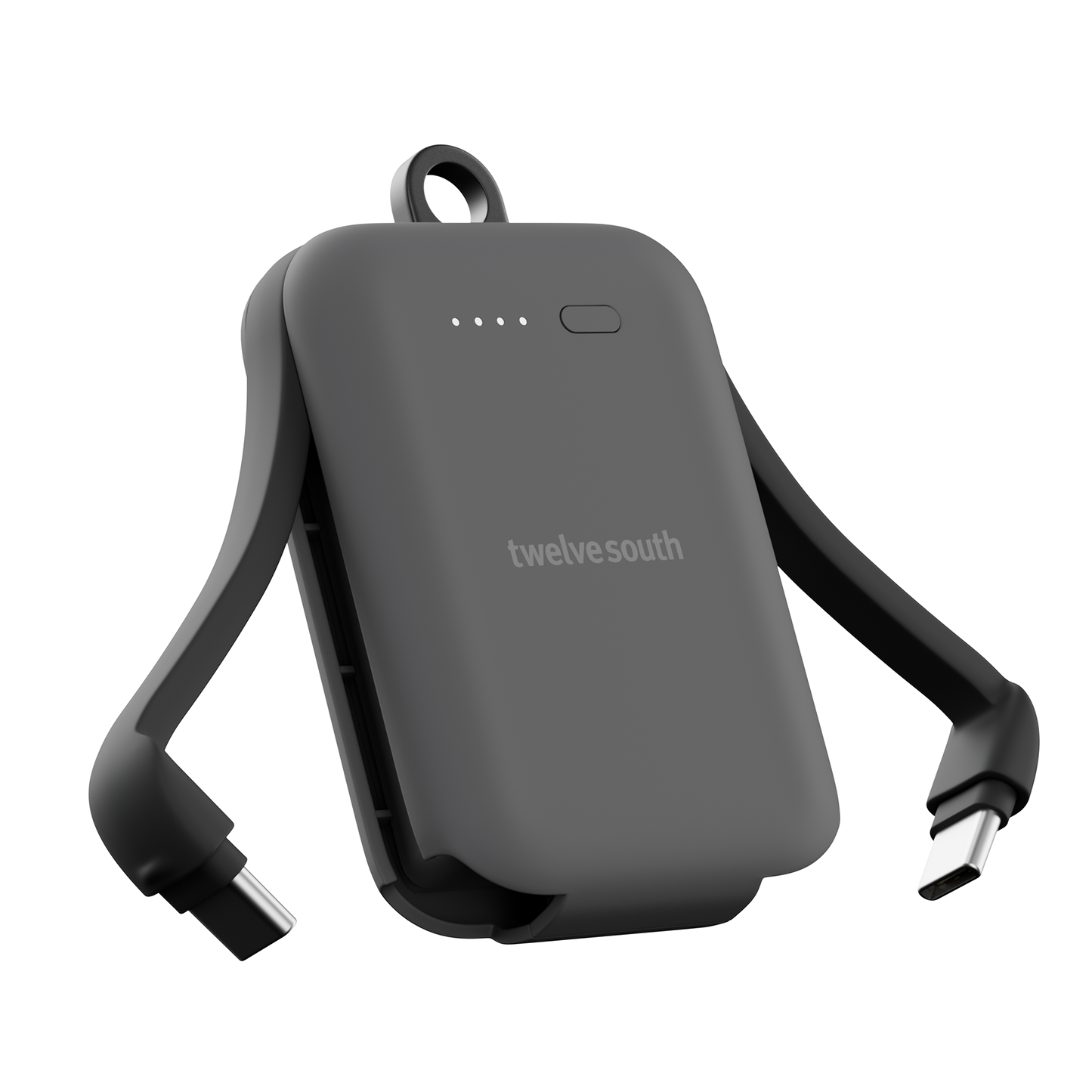 Portable battery pack with USB cables on a white background, featuring the Twelve South brand.