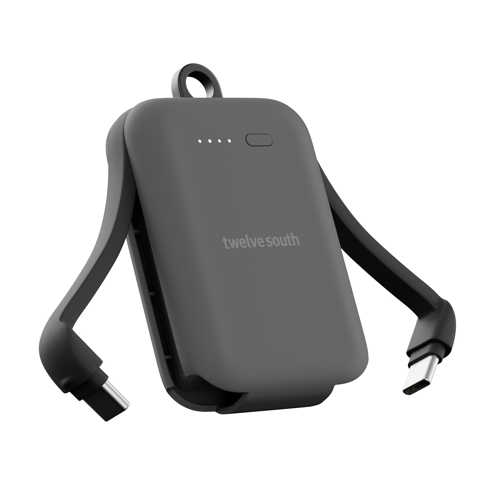 Portable battery pack with USB cables on a white background, featuring the Twelve South brand.