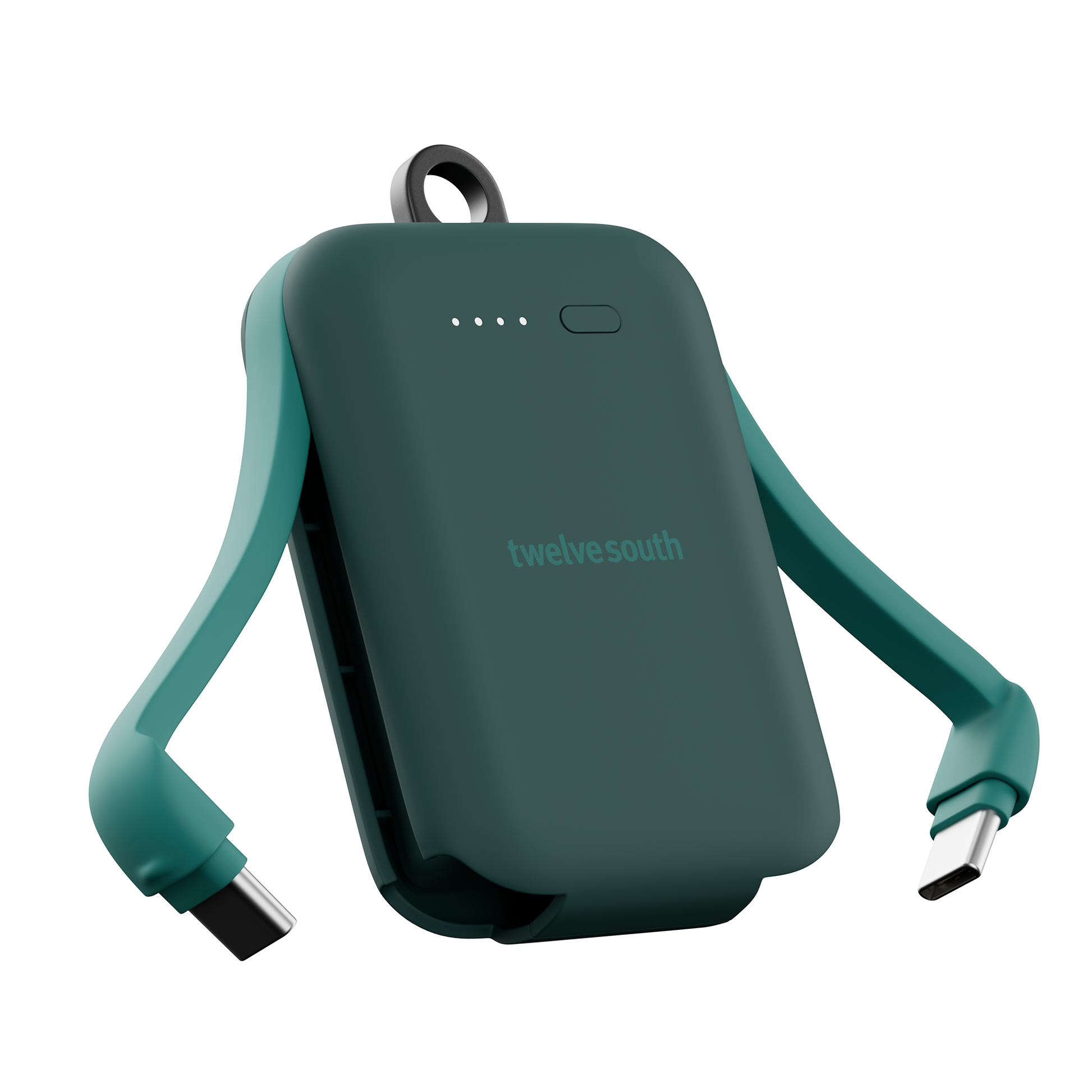 Green portable battery pack with USB cable on a white background, featuring 'twelve south' branding.