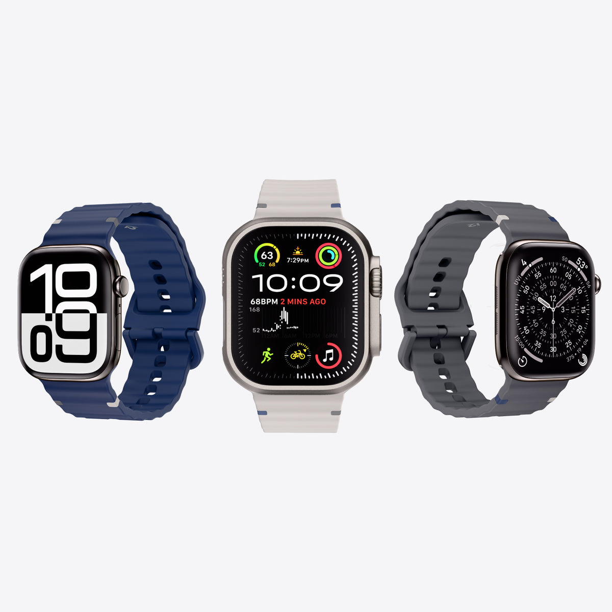 Three smartwatches with different designs on a white background