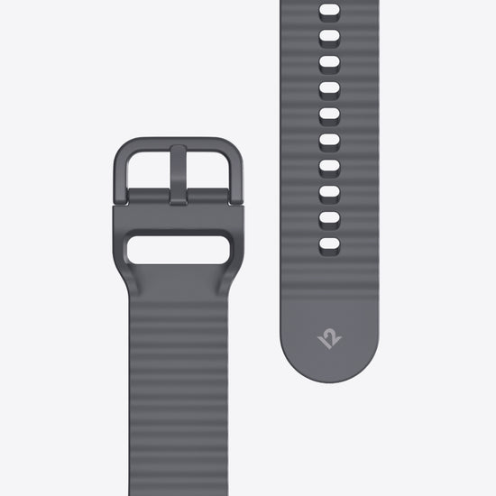Gray watch strap with buckle on a white background