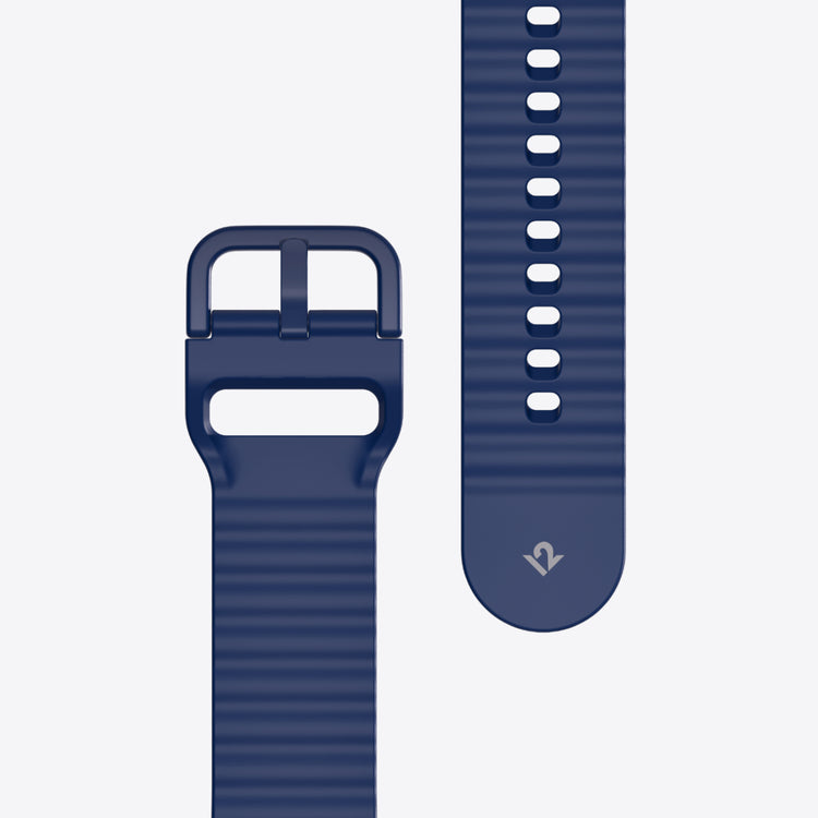 Navy blue watch strap with buckle on a white background