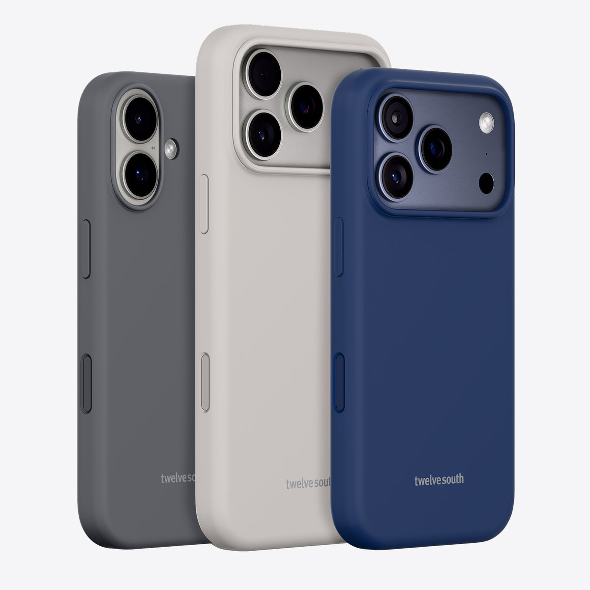 Three phone cases in gray, dune, and blue with 'twelve south' branding on a white background.