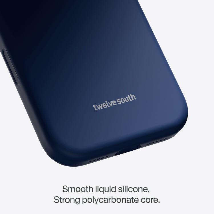 Navy phone case with 'twelve south' branding on a light gray background